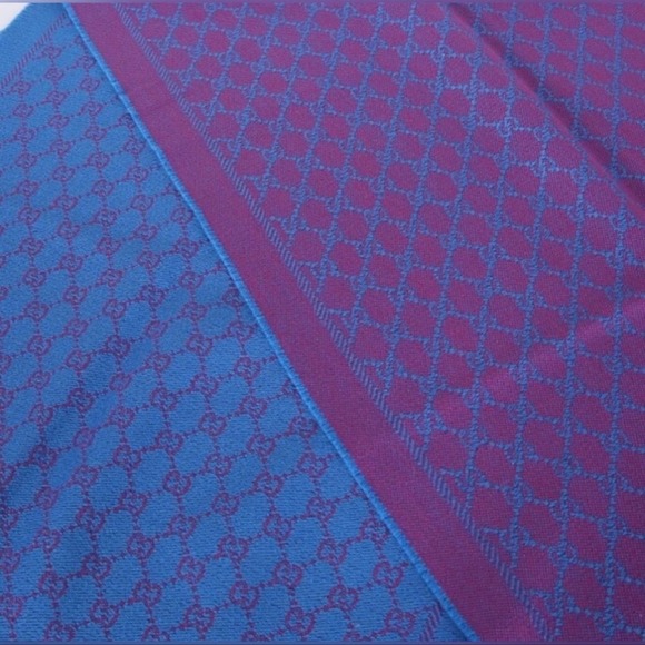 Gucci Sten GG Purple and Blue Fringed Wool Scarf NWT - Picture 2 of 5